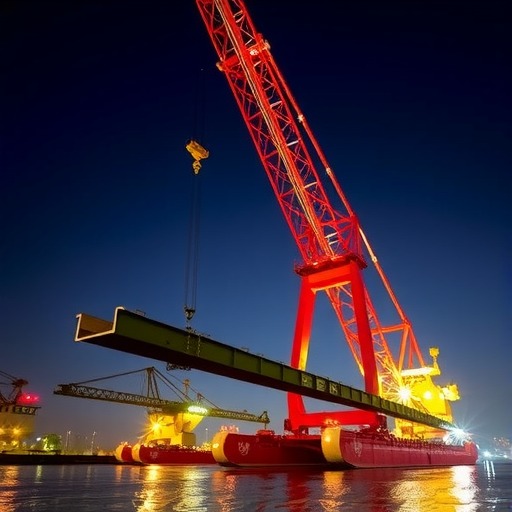 山东一建自主研制国内首台可移动式1000吨级管桁结构桅杆式起重机启航小清河黄金水道